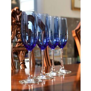 Set of 4 Vintage Libbey Vina Blue Champagne Flutes - Cobalt 1980s USA - 9"